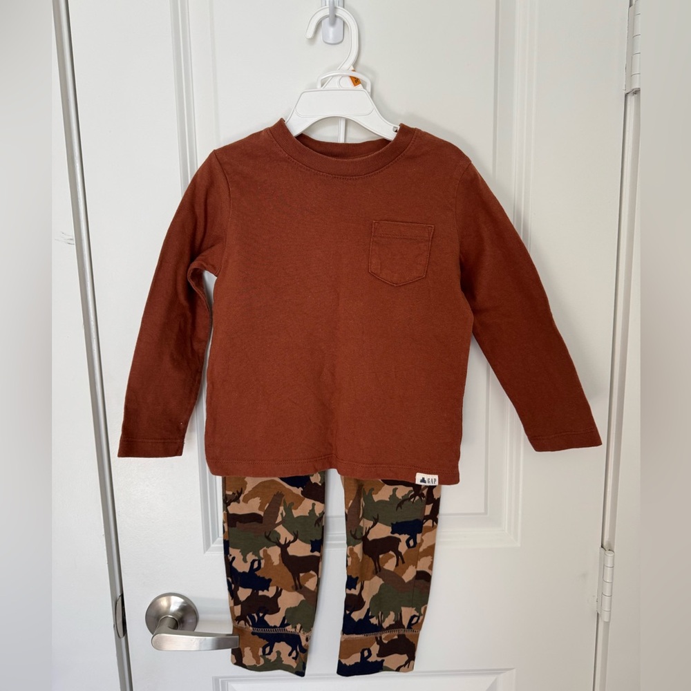 Gap Brown Long Sleeve and Tan Wood Forest Animal Pants